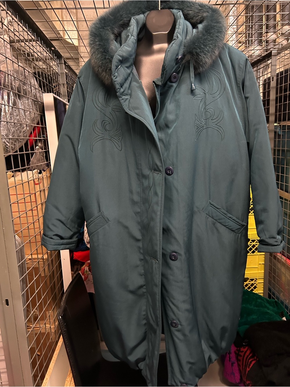 Beautiful Women's dark Teal Fur Hooded Parka Coat xl